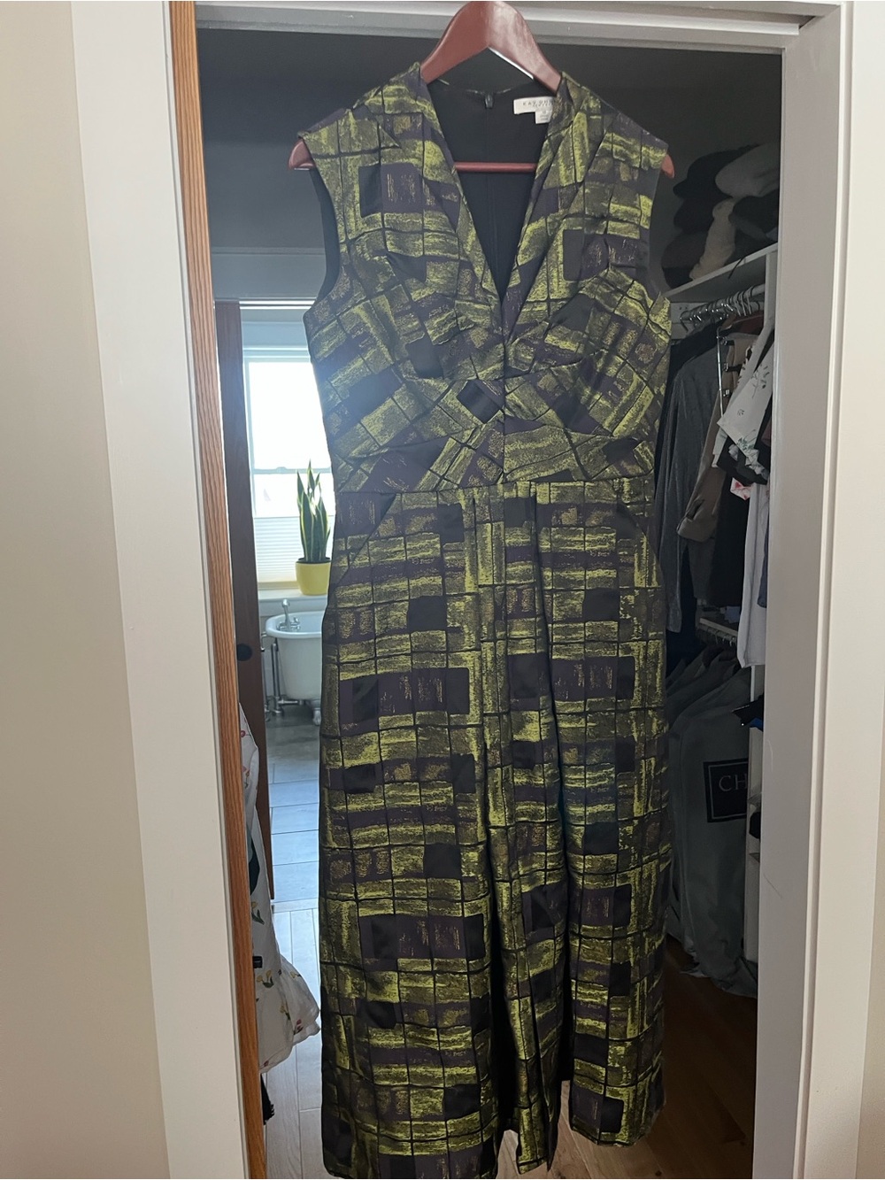 Kay Unger Olive Green and Black Midi Dress